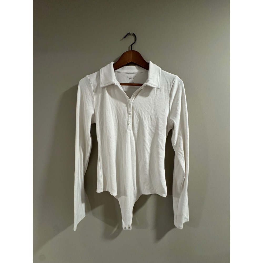 American Eagle Bodysuit Ribbed Polo Long Sleeve Size Large White